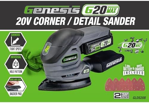 Genesis Cordless Detail Sander 20V G20MAX with Dust Bag, Sandpapers, Battery, and Charger