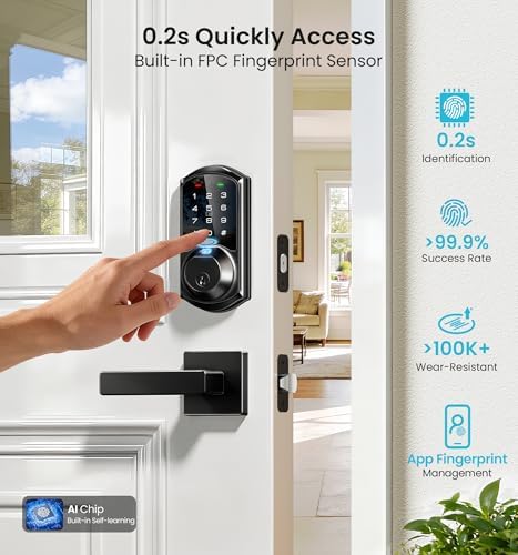 Veise VE07-L Fingerprint Smart Lock with 2 Lever Handles Set, Matte Black | 8-in-1 Keyless Entry for Front Door, App & Fob Control, Remote Access Sharing, Electronic Touchscreen Deadbolt, Auto Lock