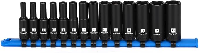 MIXPOWER 1/4" Drive Deep Magnetic Impact Socket Set with Storage Rails, 14-Piece, 6 Point, 4-15mm, Metric, CR-MO