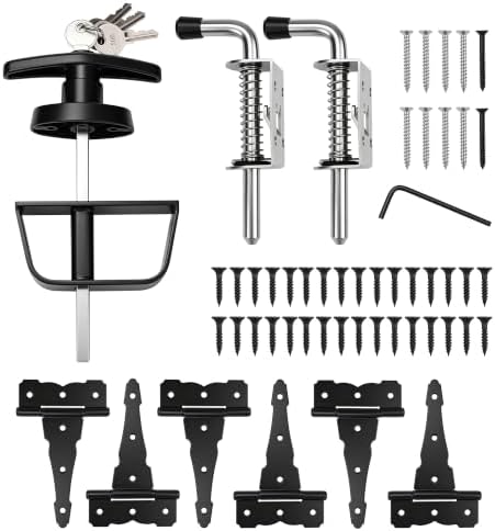 9-Piece Heavy Duty Shed Door Hardware Kit – 6.5" Black Powder Coated Iron T-Handle Lock with Keys + 6 Anti-Sag Hinges + 2 Barrel Bolts for Outdoor Sheds, Barns & Wooden Fence Gates