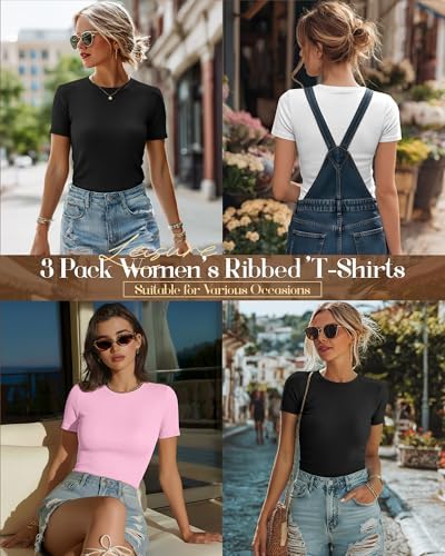 Ficerd 3 Pack Women's Ribbed Short Sleeve T-Shirts