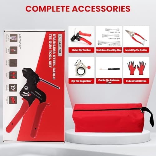 Stainless Steel Cable Tie Gun Set Metal Zip Tie Tool Kit (Red)