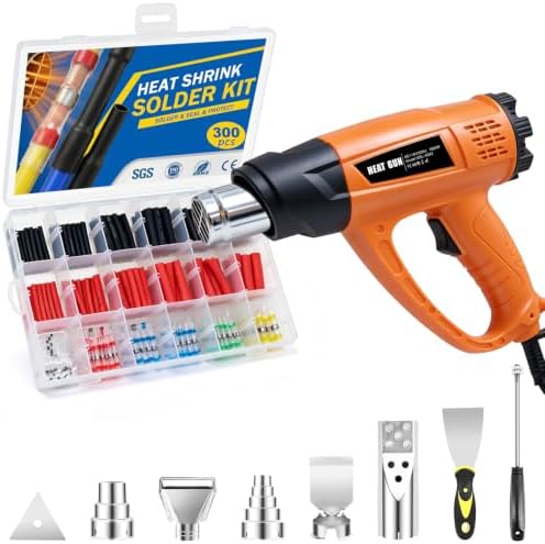 300PCS Waterproof Solder Seal Wire Connectors & 3:1 Heat Shrink Tubing with 1800W Heat Gun Kit 122℉~1202℉ Variable Temp 1.5S Fast Heating Overheat Protection for Auto Marine & Wiring Repair 10-26 AWG