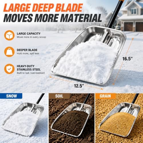 Metal Snow Shovel, Heavy Duty Stainless Steel Scoop Shovel for Snow Gravel