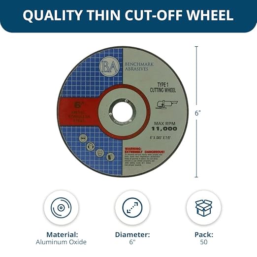Benchmark Abrasives 6 Inch Cut Off Wheels Aluminum Oxide Self Sharpening for Metal and Steel, .045" Thick 7/8" Arbor, Angle Grinder Cutting Disc, Type 1 Thin Grinding Cutting Wheel - 50 Pack