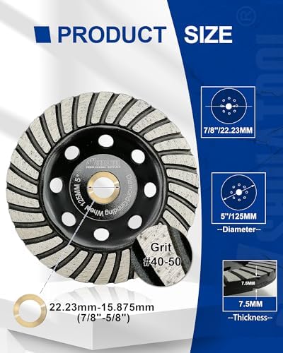 SHDIATOOL 5 Inch Turbo Row Diamond Grinding Cup Wheel for Concrete Granite Marble Masonry Brick Fits 7/8 Inch -5/8 Inch Arbor