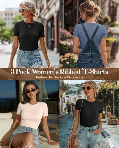 Ficerd 3 Pack Women's Ribbed Short Sleeve T-Shirts