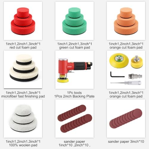 1/2/3 Inch Random Orbital Air Sander, Mini Pneumatic Detail Sander High Speed Air Powered Dual-Action Polisher, Hook & Loop Sanding Discs & Pads Kit for Auto Body Work, Metal, Wood