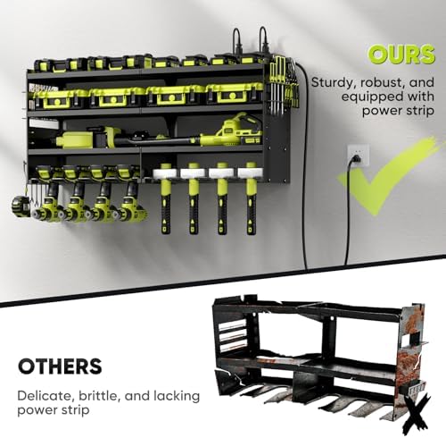 POKIPO Large Power Tool Organizer Wall Mount with Charging Station,4 Layer Heavy Duty Metal Tool Storage Rack Loads 600lbs with 8 Cordless Drill Holder,Battery Utility Rack Loads with 4 Power Strip
