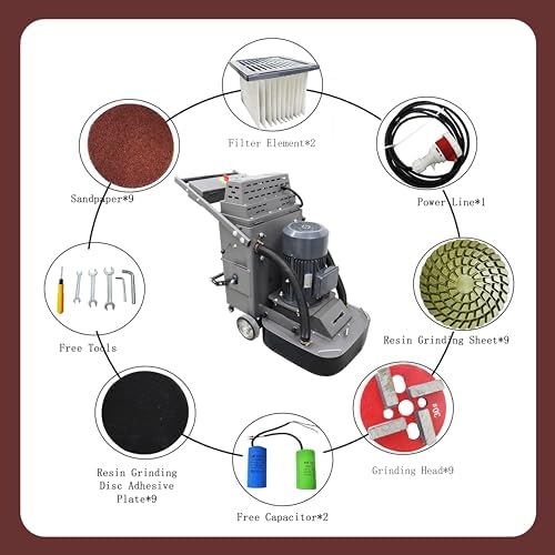Electric Floor Grinder Wet Dry Concrete Polisher 9 Head Hand-Push Grinding Machine for Cement Surfaces Refurbishing 40L Vacuum Dust Collector 220V 7.5kw Two Fans
