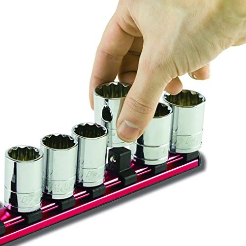 Performance Tool W38003 3/8 in. Drive Magnetic Socket Rail Organizer | Holds up to 17 sockets. Rare earth magnets hold to ferrous surfaces. Spring-loaded clips. EVA foam backing