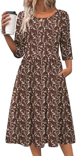Zeagoo 3/4 Sleeve Women's Dress Casual Aline Summer Fall Midi Long Dresses