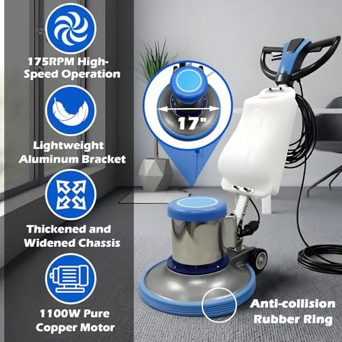 TECHTONGDA Floor Polisher Commercial Floor Buffer Scrubber Buffer Polisher Machine 17" Carpet Cleaning Machine Industrial Orbiter Floor Cleaning 175RPM with 3gal Tank and 3 Brush heads