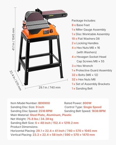 VEVOR Professional Belt Sander with Stand, 9" Disc & 6" x 48" Belt Sander Combo, 800W Sanding Machine with 0-45° Adjustable Worktable for Woodworking, Furniture Refinishing, Knife Sharpening