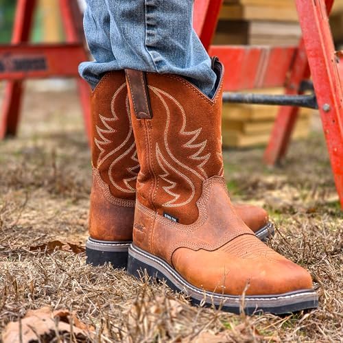 Showave Steel Toe Cowboy Boots for Men Western Square Toe Work Boot Full-grain Leather Safety Boots with Hazard Protection for Construction Manufacture Farming