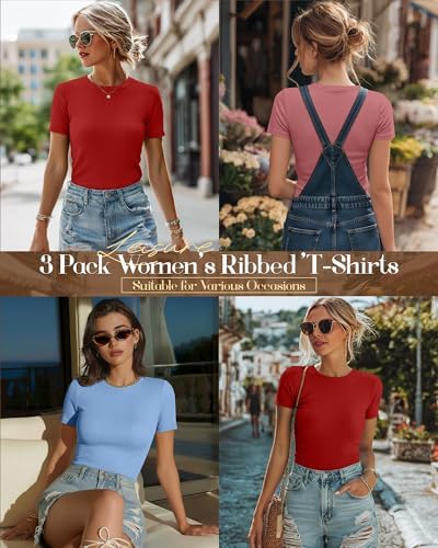 Ficerd 3 Pack Women's Ribbed Short Sleeve T-Shirts