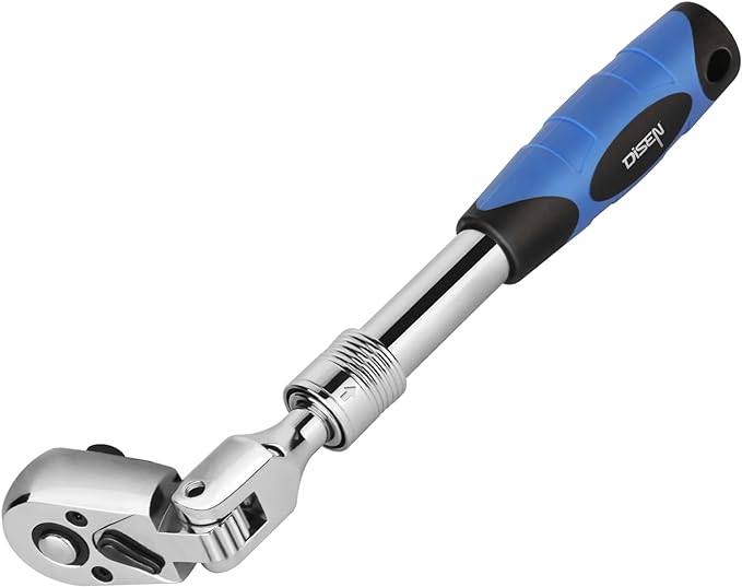 DISEN 3/8" Drive Extendable Ratchet,72-Tooth Flex-Head Ratchet Wrench with Quick Release Locking，Soft-Grip with Reversible Switch,Full-Polished Chrome Plating
