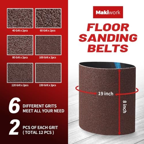 8 inch x 19 inch Assorted Sanding Belts, 12 Pack, 2 Each of 40/60/80/100/120/150 Grits, EZ 8 Drum Sander Sandpaper Rolls for Woodworking and Floor Polishing