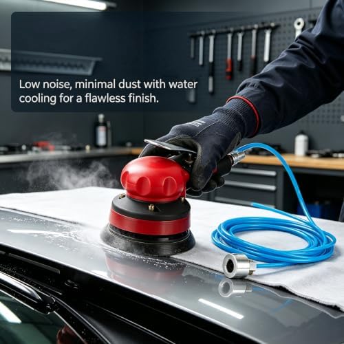 5“ Pneumatic Random Orbital Sander Kit, Air Water Polisher with 18.0ft Water Pipe, 1/4” Air Inlet