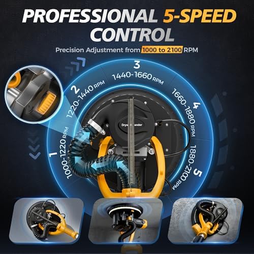 MAKELIFT Electric Drywall Sander for Ceiling with Vacuum | 5-speed 1000-2100 RPM, 880W motor, 4.4-5.5 ft telescopic pole, LED light, foldable design, up to 99% dust collection.