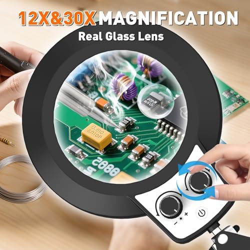 KIRKAS 12X 30X Magnifying Glass with Light and Stand, Extra-Long Arm Knob