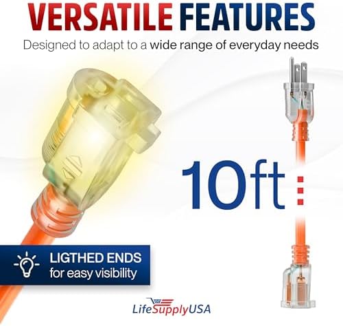 10ft Outdoor/Indoor Extension Cord 10/3 Gauge Ultra Heavy Duty 3 Prong SJTW, Waterproof, Flexible Cold-Resistant Long Power Cord,15A 125V 1875W, Orange by LifeSupplyUSA