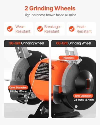 VEVOR Bench Grinder, 6-inch Single Speed Bench Grinder, 1750RPM Low-Speed Table Grinders with 250W 2A Induction Motor, 36/60-Grit Grinding Wheels & Adjustable Tool Rest for Precise Sharpening Grinding