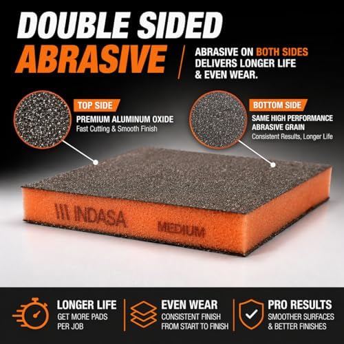 Indasa Rhyno Double Sided Sanding Sponge Pads – Aluminum Oxide, 4.75" x 3.75" x 1/2" – Flexible Foam Sanding Block (100 Pack) (Orange – Medium (120–220 Grit))