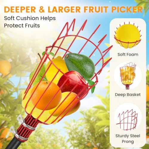 18FT Reach Fruit Picker with Basket, Apple Picking Tool Telescoping Pole, Long-Handle Mango Grabber, Tree Fruit Catcher for Harvesting Lemon Pear Orange Avocado Peach Citrus Grapefruit