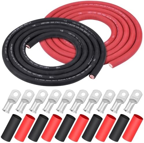 iGreely 2/0 Gauge 2/0 AWG Wire 10 Feet Black + 10 Feet Red Welding Battery Pure Copper Flexible Cable + 5pcs of 5/16" & 5pcs 3/8" Copper Cable Lugs Terminal Connectors+Heat Shrink Tubing