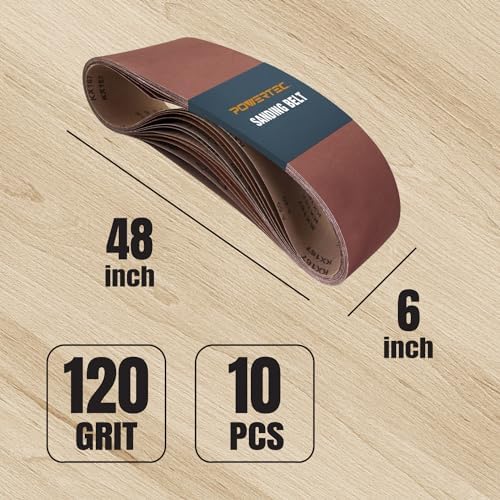 POWERTEC 6 x 48 Inch Sanding Belts, 120 Grit Aluminum Oxide Belt Sander Sanding Belt for Bench Belt Sander, Wood & Paint Sanding, Metal Polishing, 10PK (110210)
