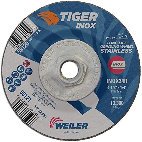Weiler 58120 4-1/2" x 1/4" Tiger INOX Type 27 Grinding Wheel, INOX24R, 5/8"-11" UNC Nut (Pack of 10)