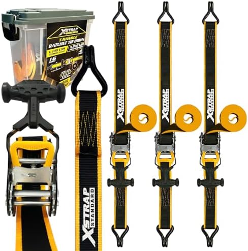 XSTRAP STANDARD 4-PK Heavy Duty Ratchet Tie Down Straps, Ammo Storage Box | 1.5"x16FT Motorcycle Straps with Double J Hooks with Ergonomic T-Handle, 3300 lbs Break Strength for Truck, ATV, Trailer, UTV
