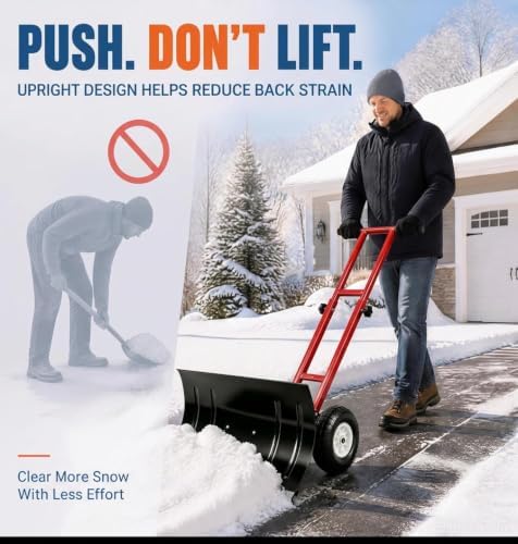 GarveeLife Wheeled Snow Shovel - 29in Steel Blade with 10in Wheels Red