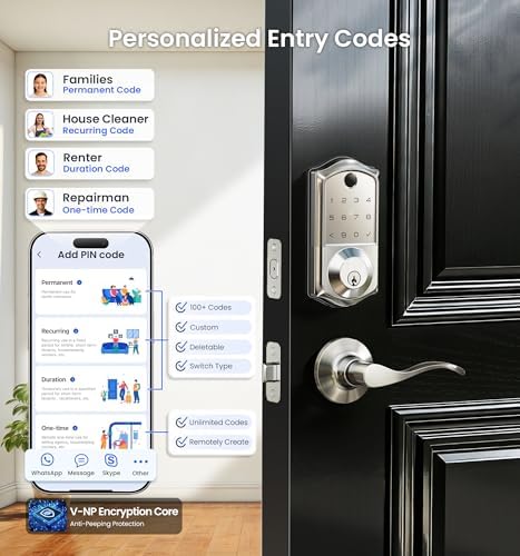 Veise VE017-L Fingerprint Smart Lock with 2 Lever Handle Set, Satin Nickel | App Control, Remote Access Sharing, Key Fob, Auto Lock, Backlit Touchscreen Keypad Deadbolt, IP55 Waterproof, for Front Door