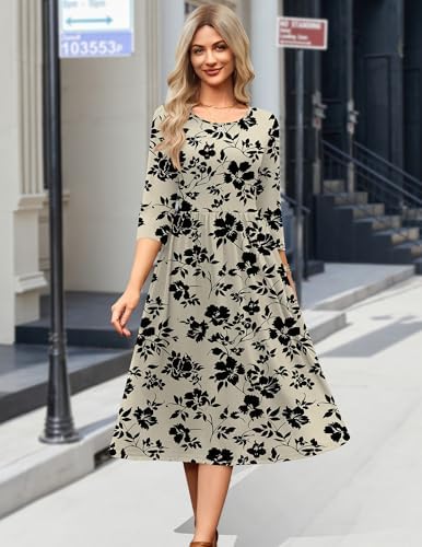 Zeagoo 3/4 Sleeve Women's Dress Casual Aline Summer Fall Midi Long Dresses