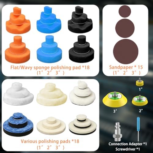 1/2/3 Inch Random Orbital Air Sander, Mini Da Sander for Auto Body Work, High Speed Pneumatic Sander for Metal & Woodworking/Car Polishing Waxing/DIY Projects(36PCS Polishing Pads, 15PCS Sandpapers)