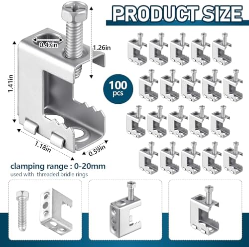 Tandefio 100 Pcs 1/4"-20 Spring Steel Beam Clamps Metal Beam Hanger, Silver