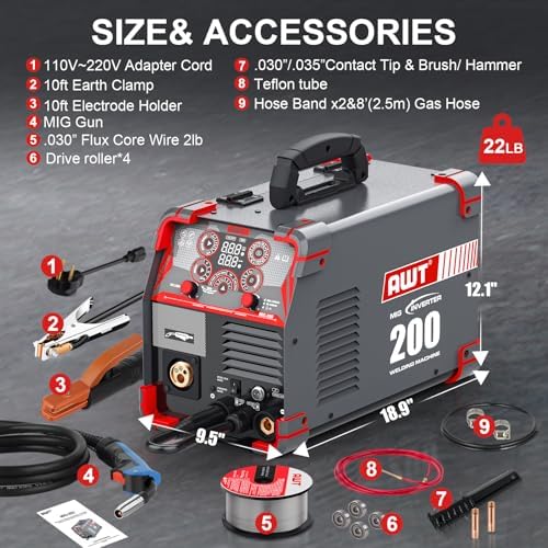 AWT LED Digital Display 200A MIG Welder,8 in 1 Welding Machine 110V/220V