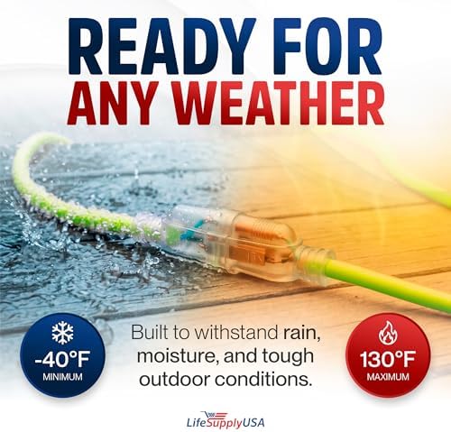 75ft Outdoor/Indoor Extension Cord 12/3 Gauge Extra Heavy Duty 3 Prong SJTW, Waterproof, Flexible Cold-Resistant Long Power Cord, 15A 125V 1875W, Neon Green by LifeSupplyUSA