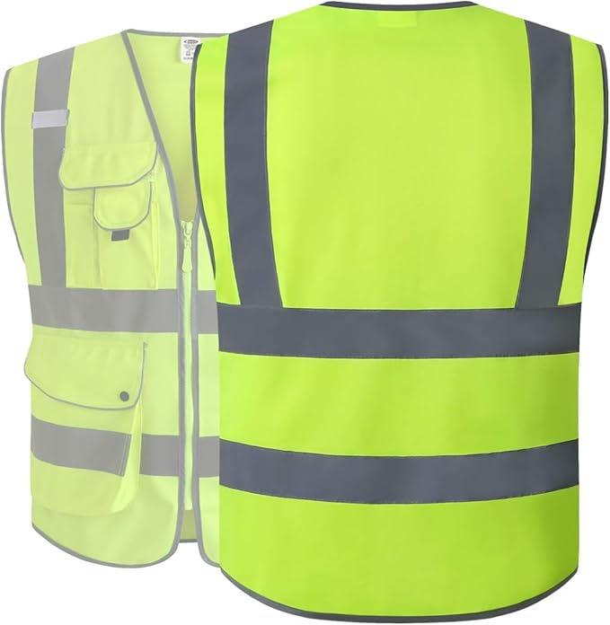 JKSafety 20 Pack 9 Pockets Class 2 High Visibility Zipper Front Safety Vest With Reflective Strips,Meets ANSI/ISEA Standard (2X-Large 156-Yellow)