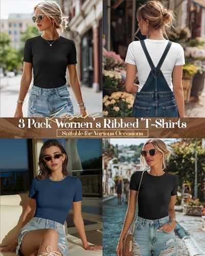 Ficerd 3 Pack Women's Ribbed Short Sleeve T-Shirts