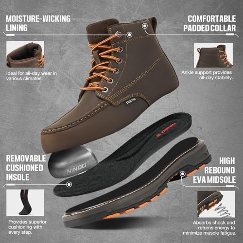 NINGO Steel Toe Work Boots for Men, Non Slip Mens Safety Moc Toe Work Shoes
