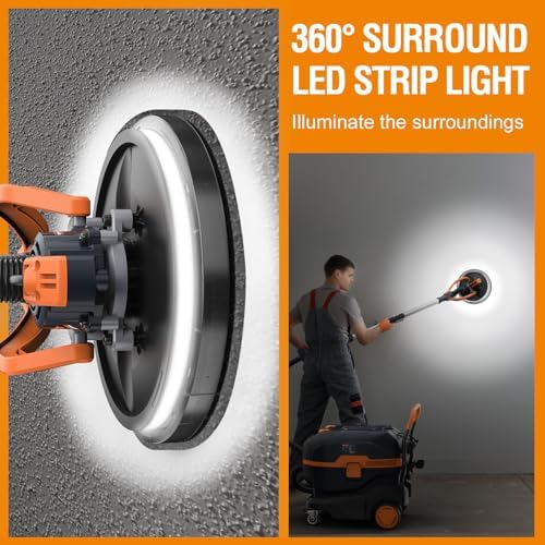 MAXXT Brushless Orbital Drywall Sander, 550W Powerful Constant Speed Electric Drywall Sander, 6 Variable Speed 600-1200 RPM Foldable Sander Tool, With Memory Variable Speed, 360° LED Light