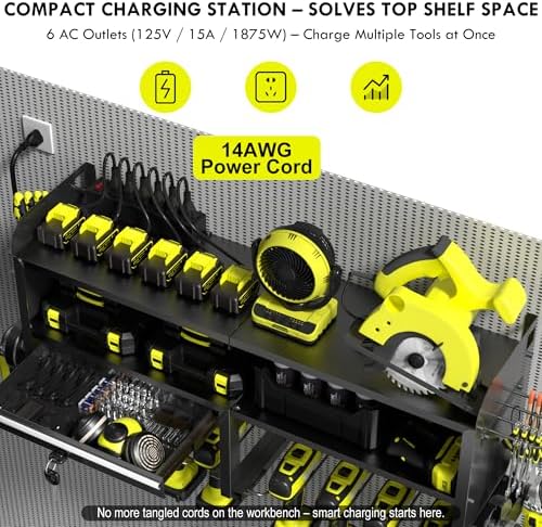 KSVO Power Tool Organizer Wall Mount with Drill Holder, Grinder Bracket, Hammer and Pliers, Locking Drawer, 6-Outlet Charging Rack - Heavy Duty Metal Tool Storage Garage, Workshop (Yellow)