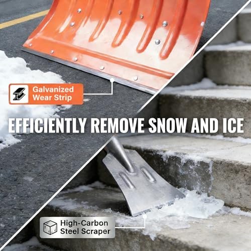 Snow Pusher and Ice Scraper, 22" Snow Shovel Plow 6" Flat Shovel with Adjustable Long Wooden Handle for Blacktop, Decks, Outdoor driveways