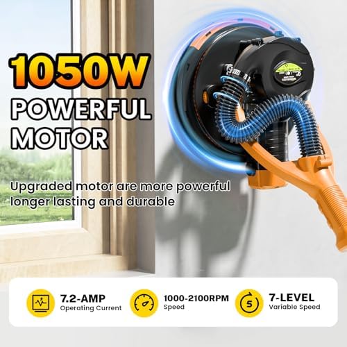 Drywall Sander, 1050W 7.2A Popcorn Ceiling Removal Tool, Automatic Drywall Sander with Vacuum Dust Collector, 7 Variable Speed 1000-2100RPM, 15Pcs Sanding Discs(Yellow)