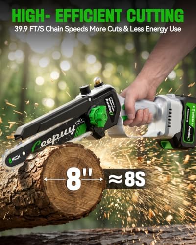 CEEPUY 8 Inch Brushless Mini Chainsaw with 2×4000mAh Batteries, Battery Powered Handheld Electric Chainsaw with Automatic Oiler/Safety Lock, Ideal for Tree Pruning, Branch Trimming & Wood Cutting