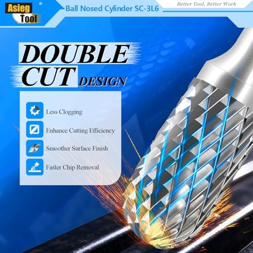 SC-3L6 Tungsten Carbide Burr Rotary File Cylindrical Ball Nose End Shape Double Cut for Die Grinder Drill Bits 1/4'' Inch Diameter of Shank and 3/8'' Inch Diameter of Cutter 3/4'' Inch Cutter Length