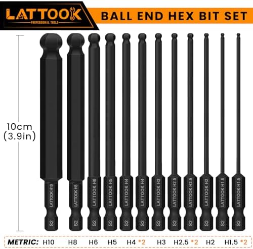 4'' Long Ball End Hex Head Allen Wrench Drill Bit Set(Metric & SAE) | LATTOOK 22PCS Ball End Hex Bit Set Allen Key Bit Set Hex Key Drill Bit Set, Magnetic S2 Steel